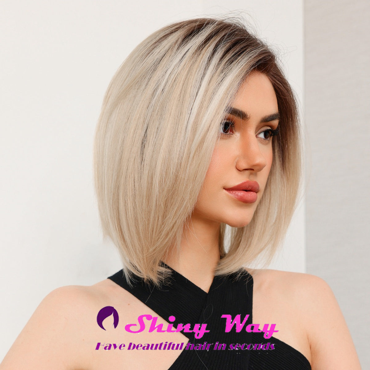 Women’s Short Blonde Bob Wig With Black Roots – Heat Resistant Synthetic Hair, 11 Inch