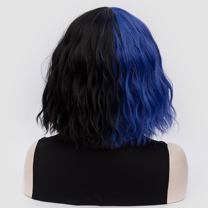 Half blue half black short wavy costume wig by Shiny Way Wigs Perth WA