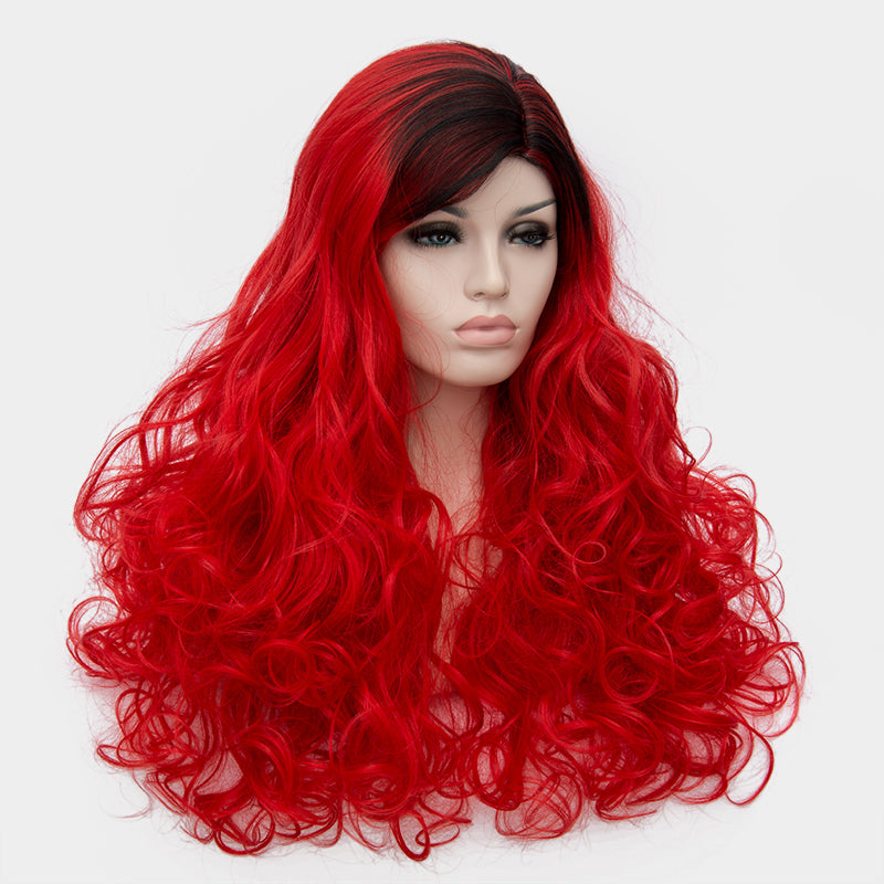 Dark roots long curly bright red wig by Shiny Way Wigs Brisbane QLD