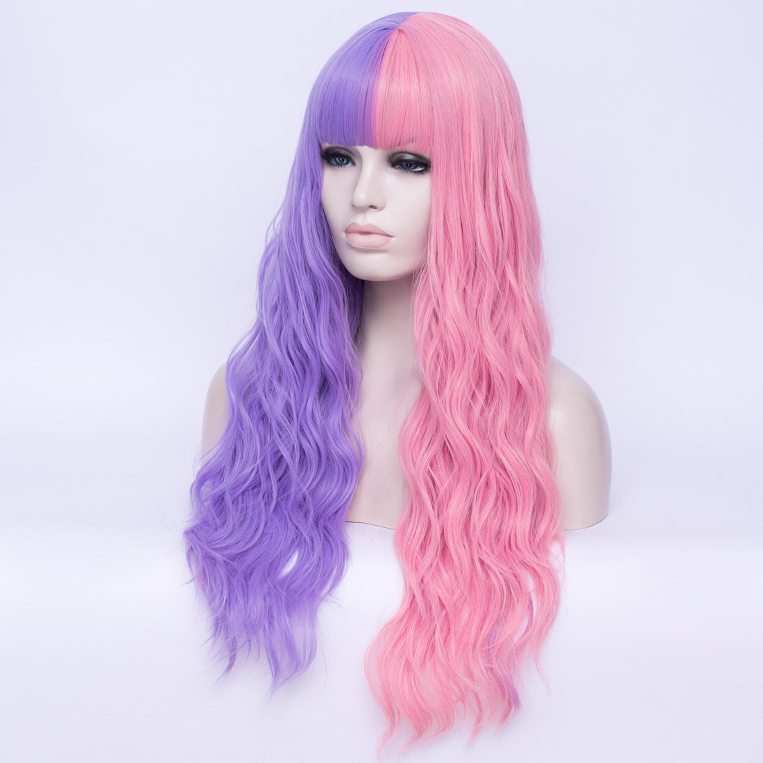 Half purple half pink long curly wig by Shiny Way Wigs Brisbane