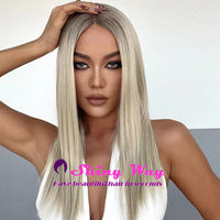 New Platinum Blonde Dark Roots Long Lace Front Wig - Shiny Way Wigs