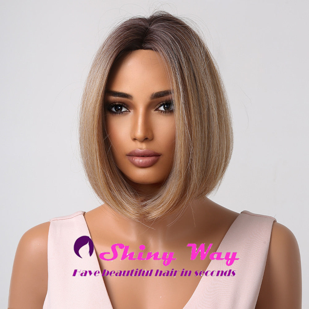 Dark roots wheat blonde short bob Shiny Way Wigs Perth WA