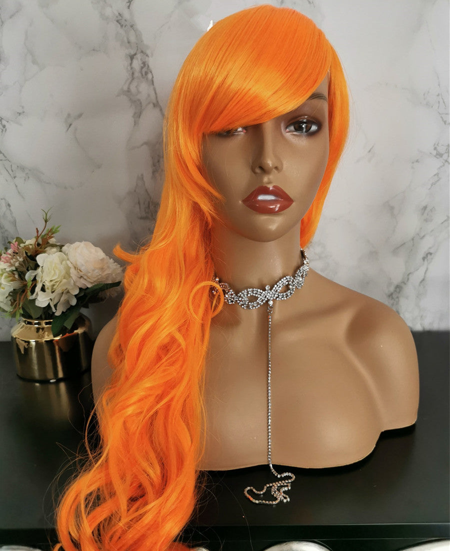 Bright orange long curly costume wig by Shiny Way Wigs Melbourne VIC