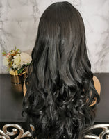 Jet black long curly costume wig by Shiny Way Wigs Brisbane QLD
