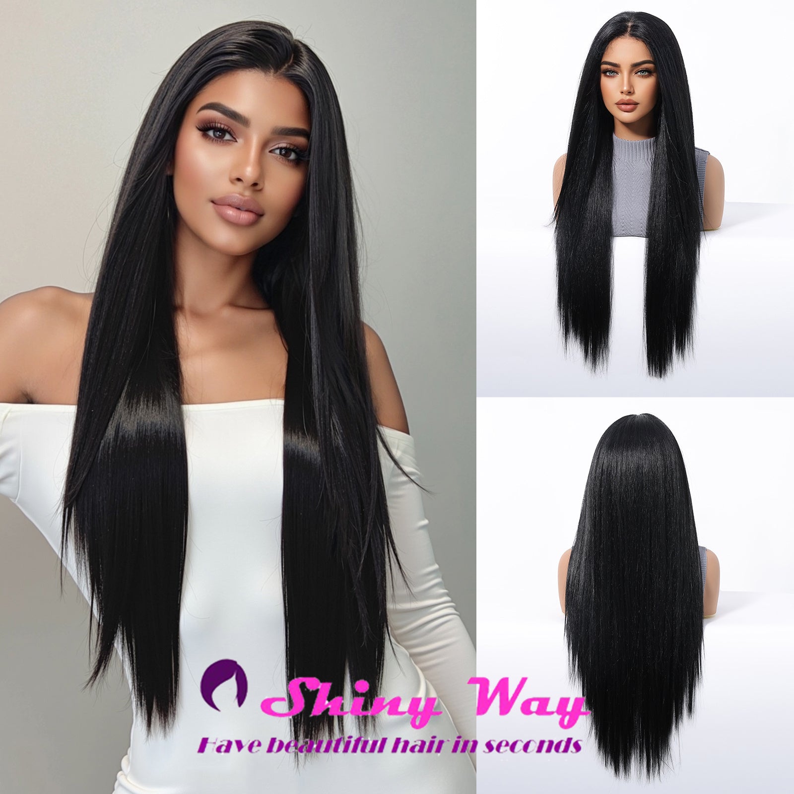 celebrity highlighted long black lace front wig Blonde Streaked Bangs Black Wavy Lace Front Wig. Visage by  main image 3