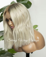 Dark Roots Platinum Wavy Human Hair Lace Wig - Shiny Way Wigs Adelaide