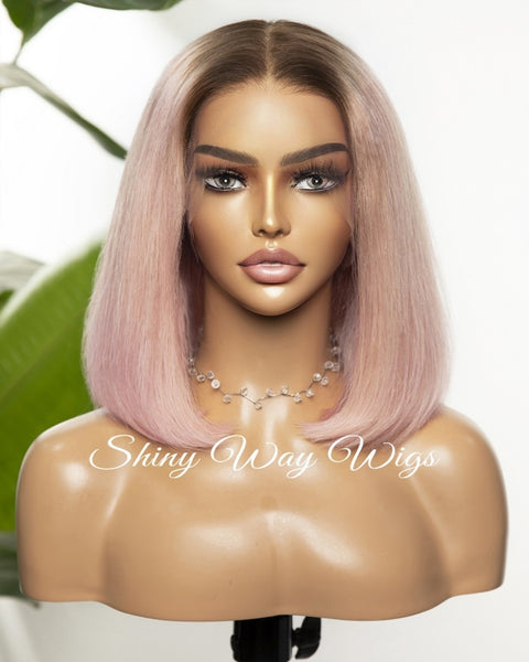 Natural Ice Pink Long Bob Virgin Human Hair Lace Wig - Shiny Way Perth