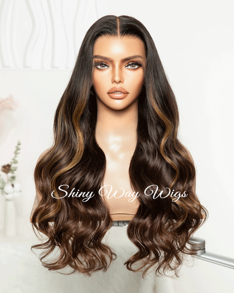 Medium Brown Dark Roots Curly Human Hair Lace Wig Shiny Way Brisbane
