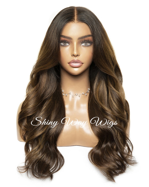 Natural Medium Brown Long Wavy Human Hair Lace Wig - Shiny Way Sydney