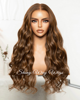Brunette Long Curly Human Hair Lace Wig - Shiny Way Wigs Melbourne