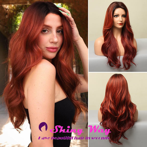 Red Orange Long Curly Lace Front Wig - Shiny Way Wigs Melbourne VIC
