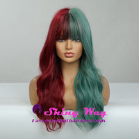 Half green half red full fringe curly wig by Shiny Way Wigs Gold Coast