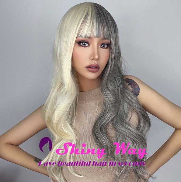 Half blonde half grey long curly wig by Shiny Way Wigs Melbourne VIC