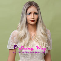 New Silver Blonde Dark Roots Long Lace Front Wig - Shiny Way Wigs QLD