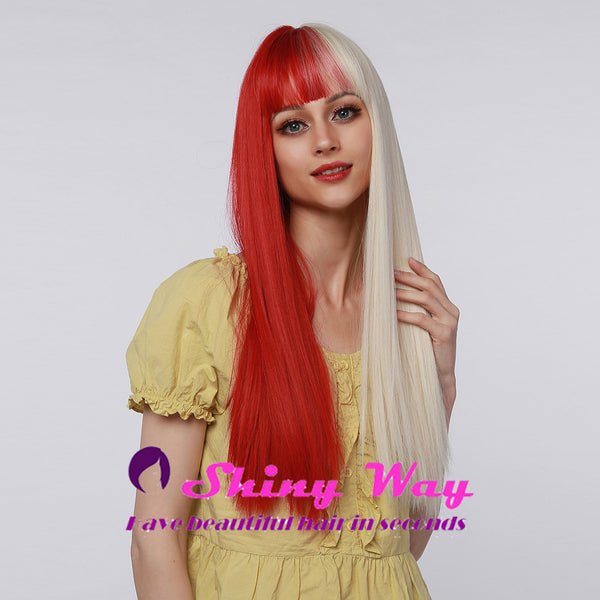 Half blonde half red long straight wig by Shiny Way Wigs Melbourne VIC