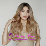 Natural blonde dark roots long curly wig by Shiny Way Wigs Sydney NSW AU