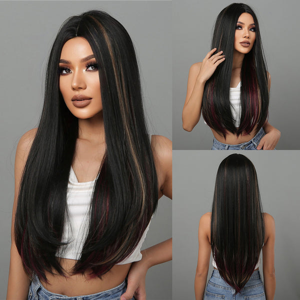 Off black long wig with highlights Shiny Way Wigs Sydney
