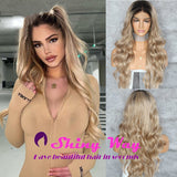 New Dark Roots Honey Blonde Long Curly Lace Wig - Shiny Way Wigs Perth
