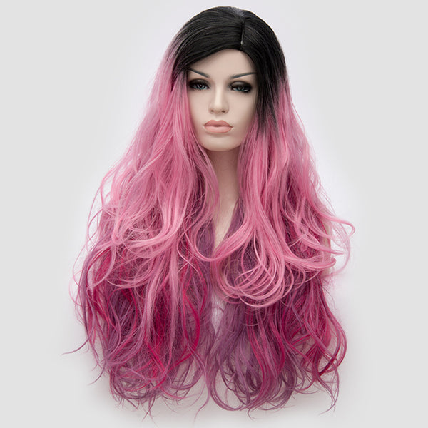 Dark roots long curly multi pink colour wig by Shiny Way Wigs Sydney