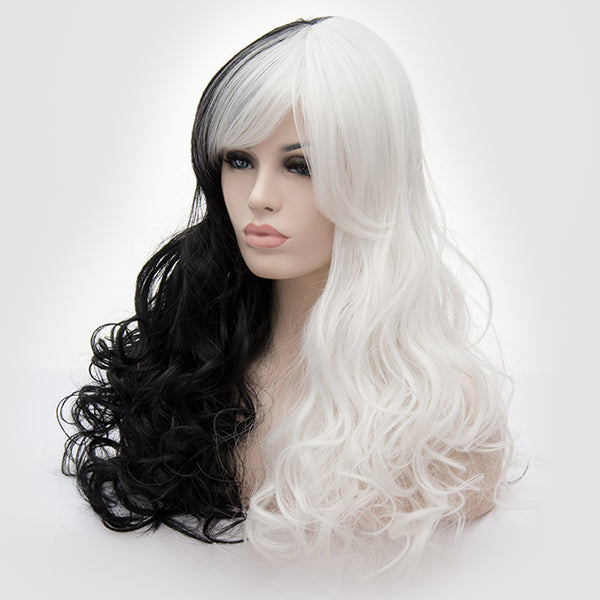 Half black half white long curly costume wig by Shiny Way Wigs Sydney