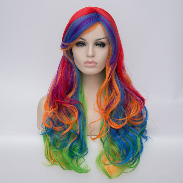 Rainbow colour long curly wig by Shiny Way Wigs Brisbane QLD