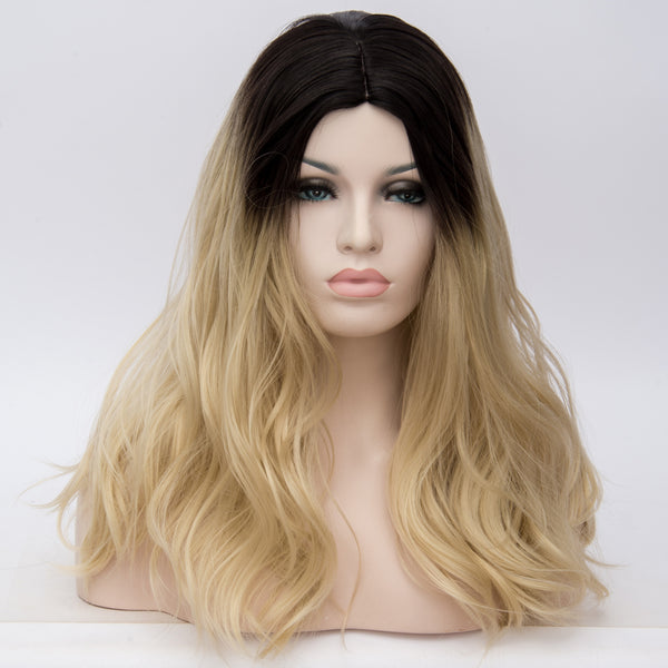 Dark roots natural blonde long wavy wig by Shiny Way Wigs Brisbane QLD