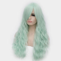 Mint color long curly wig with side fringe by Shiny Way Wigs Brisbane