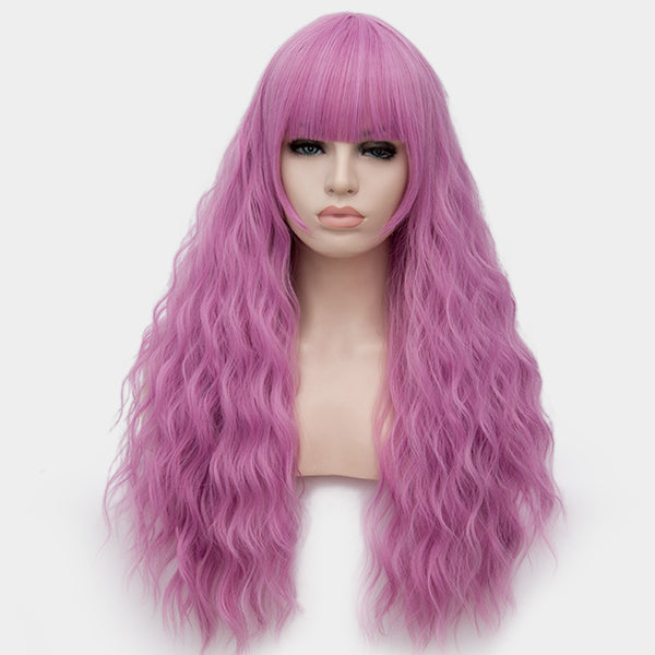 Warm pink long curly wig with full fringe by Shiny Way Wigs Adelaide 