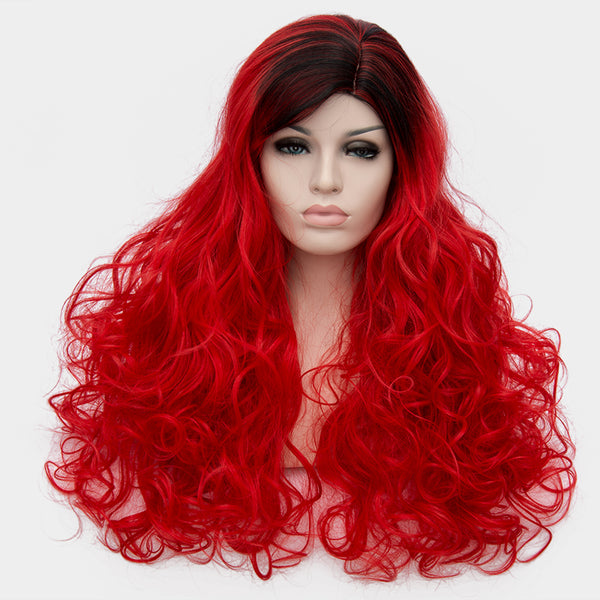 Dark roots long curly bright red wig by Shiny Way Wigs Brisbane QLD