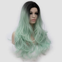 Dark roots mint colour long curly wig by Shiny Way Wigs Adelaide SA