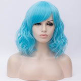 Sky blue medium length curly wig by Shiny Way Wigs Brisbane QLD
