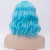 Sky blue medium length curly wig by Shiny Way Wigs Brisbane QLD