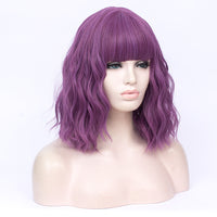Dark purple full fringe medium curly costume wig - Shiny Way Wigs Perth WA