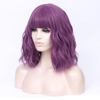 Dark purple full fringe medium curly costume wig - Shiny Way Wigs Perth WA