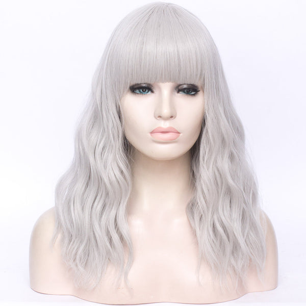 Natural silver full fringe long curly fashion wig - Shiny Way Wigs Perth