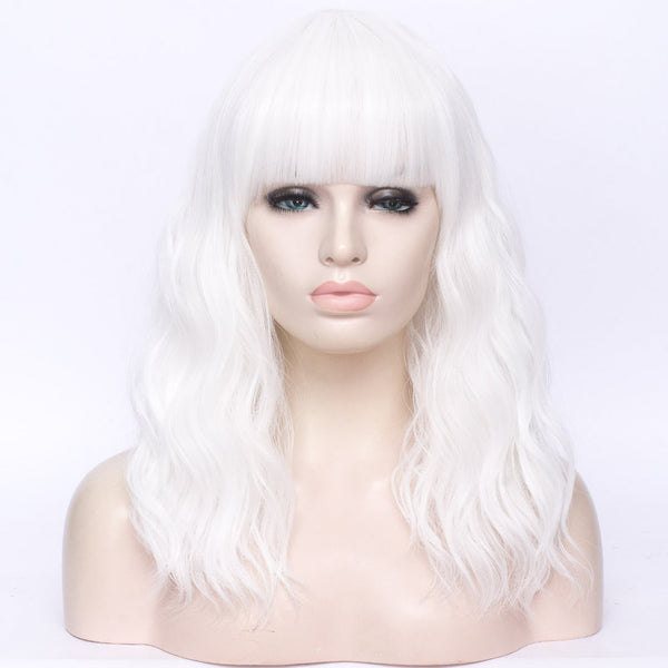 Pure white full fringe long curly fashion wig - Shiny Way Wigs Brisbane