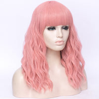 Light pink full fringe long curly costume wig - Shiny Way Wigs Brisbane