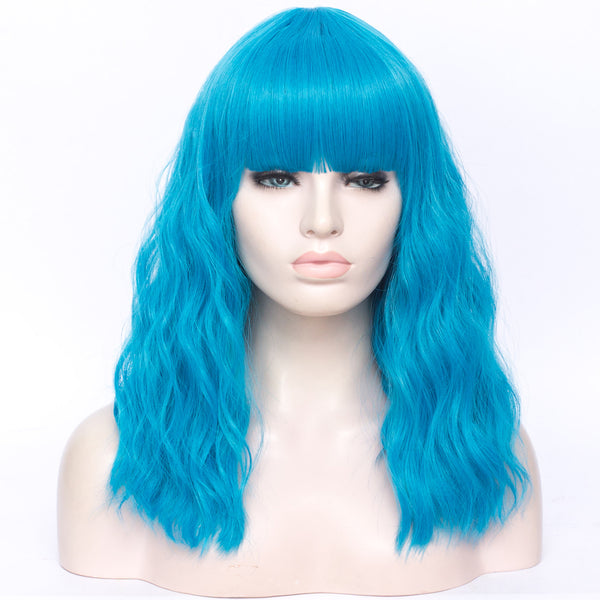 Sky blue long curly full fringe wig by Shiny Way Wigs Adelaide SA