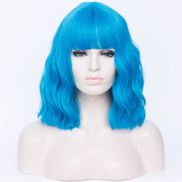 Sky blue full fringe medium curly costume wig - Shiny Way Wigs Sydney NSW