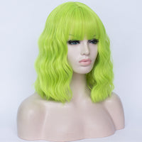 Bright green full fringe medium costume curly wig - Shiny Way Wigs Sydney