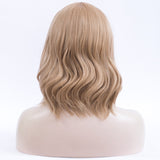 Honey blonde short wavy full fringe wig at Shiny Way Wigs Melbourne
