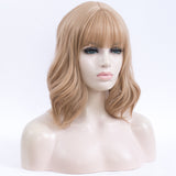 Honey blonde short wavy full fringe wig at Shiny Way Wigs Melbourne