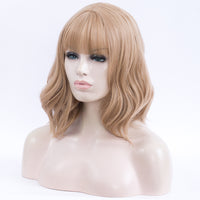 Honey blonde short wavy full fringe wig at Shiny Way Wigs Melbourne