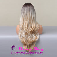 Dark roots natural blonde long curly wigs by Shiny Way Wigs Sydney NSW