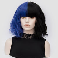 Half blue half black short wavy costume wig by Shiny Way Wigs Perth WA
