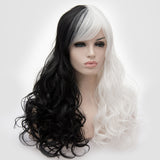 Half black half white long curly costume wig by Shiny Way Wigs Sydney