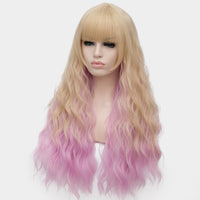 Honey blonde with pink long curly full fringe wig by Shiny Way Wigs 