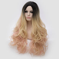 Dark roots blonde with pink long curly wig by Shiny Way Wigs Melbourne