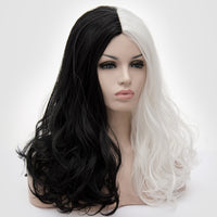Half white half black long curly costume wig by Shiny Way Wigs Perth