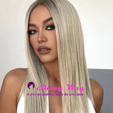 New Platinum Blonde Dark Roots Long Lace Front Wig - Shiny Way Wigs